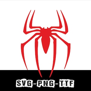 May include: A red spider emblem on a white background, with the text "SVG-PNG-TTF" in a black rectangle at the bottom. The spider design features a stylized, symmetrical shape with long legs and a central body.