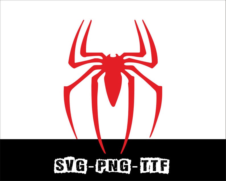 May include: A red spider emblem on a white background, with the text "SVG-PNG-TTF" in a black rectangle at the bottom. The spider design features a stylized, symmetrical shape with long legs and a central body.