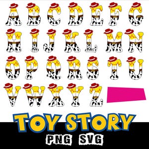 Peut inclure: Un ensemble complet de l'alphabet sur le th&egrave;me de Toy Story. Chaque lettre est con&ccedil;ue avec un chapeau de cow-boy, une palette de couleurs jaune et marron et un motif de vache. Le logo Toy Story est en bas.