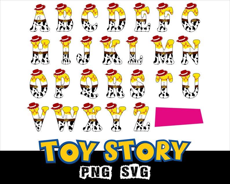 Peut inclure: Un ensemble complet de l'alphabet sur le th&egrave;me de Toy Story. Chaque lettre est con&ccedil;ue avec un chapeau de cow-boy, une palette de couleurs jaune et marron et un motif de vache. Le logo Toy Story est en bas.