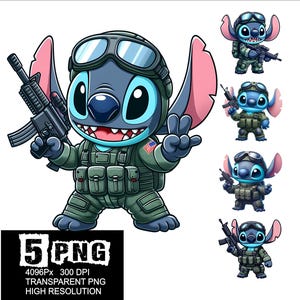 May include: Digital illustration of a blue cartoon character wearing a military uniform, helmet, and goggles, holding a rifle. The character is making a peace sign. Additional smaller images of the character in military gear are also present.