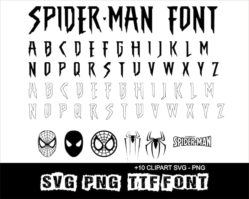 May include: A black and white Spider-Man font set with uppercase and lowercase letters, plus various Spider-Man logo designs. The image includes the text "SPIDER-MAN FONT" and "SVG PNG TTF FONT".