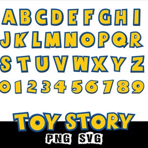 Peut inclure: Un ensemble complet de l'alphabet et des chiffres en jaune et bleu, avec les mots "Toy Story" en bas. Les lettres et les chiffres sont en gras et en style dessin anim&eacute;. L'image comprend &eacute;galement le texte "PNG SVG".