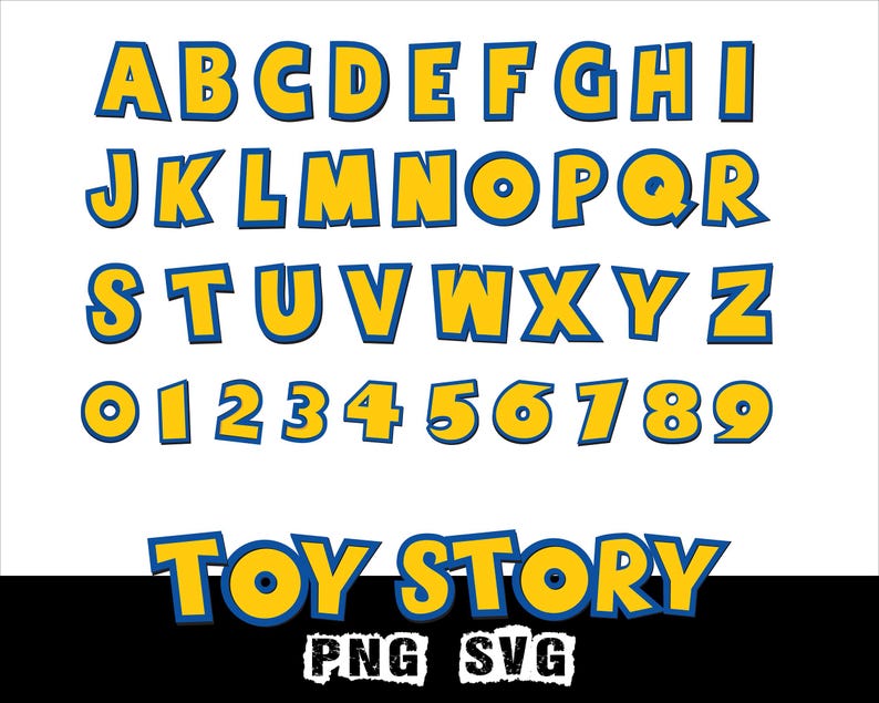 Peut inclure: Un ensemble complet de l'alphabet et des chiffres en jaune et bleu, avec les mots "Toy Story" en bas. Les lettres et les chiffres sont en gras et en style dessin anim&eacute;. L'image comprend &eacute;galement le texte "PNG SVG".