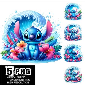 Könnte beinhalten: Eine digitale Illustration eines blauen Cartoon-Charakters mit großen Ohren, vor einer großen blauen Welle. Rosa und rote Hibiskusblüten und tropisches Laub umgeben die Figur. Das Bild enthält den Text "5 PNG".