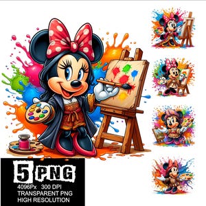 Może przedstawiać: Cyfrowa ilustracja postaci myszy z kreskówek malującej na płótnie pędzlem. Mysz ma na sobie czarną szatę i czerwoną kokardkę. Tło to kolorowe rozpryski farby.