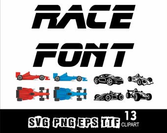 May include: A graphic design with the words "RACE FONT" in bold black letters. Below are illustrations of race cars in red, blue, and black and white. The bottom of the image includes the text "SVG PNG EPS TTF 13 CLIPART".