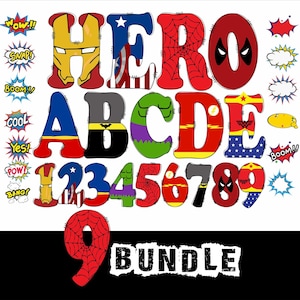 Może przedstawiać: Kolorowy alfabet i cyfry w stylu superbohaterów. Litery tworzą słowa "HERO" i "ABCDE", każda zaprojektowana w stylu innego superbohatera. Zawiera również słowo "BUNDLE".