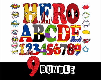9 Bundle SuperHero Alphabet Svg Png Avanger Hero Letters Super Hero Doodle Letters Kids Sublimation Font Hero Font Svg Eps Png