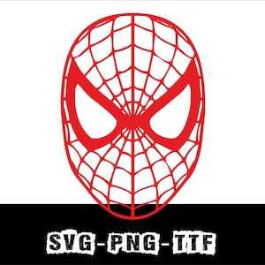 May include: A red outline of a superhero mask with a web pattern and large eye openings. The mask is set against a white background with a black bar at the bottom containing the text "SVG-PNG-TTF".