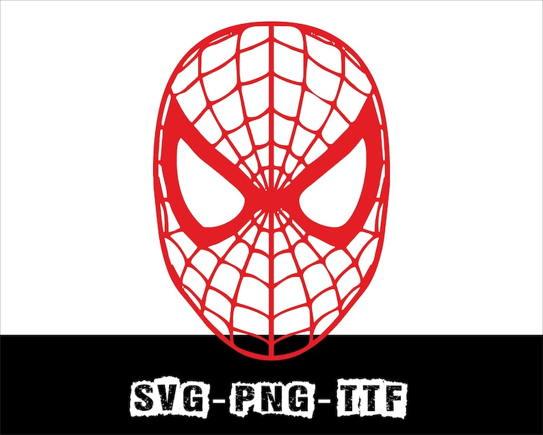 May include: A red outline of a superhero mask with a web pattern and large eye openings. The mask is set against a white background with a black bar at the bottom containing the text "SVG-PNG-TTF".