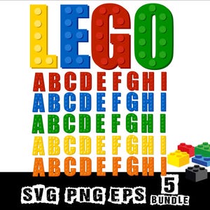 Op de afbeelding: Een kleurrijke afbeelding met het woord "LEGO" in blokletters. Daaronder staat het alfabet in rijen, elke letter gemaakt van speelgoedblokken. De afbeelding bevat een "5 BUNDLE" grafiek en voorbeelden van blokken.