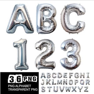 May include: Silver foil balloons in the shape of the letters A, B, and C, and the numbers 1, 2, and 3. A full alphabet and numbers are also shown. The image includes the text "3.6 PNG PNG ALPHABET TRANSPARENT PNG".