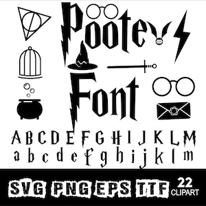 May include: Black and white digital clipart set featuring a stylized font with themed icons. Includes the uppercase and lowercase alphabet, along with various symbols and icons. The image also includes the text "SVG PNG EPS TTF 22 CLIPART".
