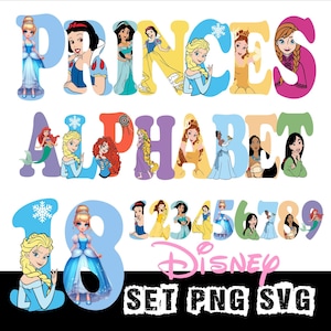 May include: A colorful graphic featuring Disney princesses integrated into letters and numbers. The word "PRINCESS" is spelled out in large, stylized letters, each adorned with a princess. Below, the word "ALPHABET" is similarly designed. Numbers 1-9 are also decorated with princesses. The word "Disney" is also present.