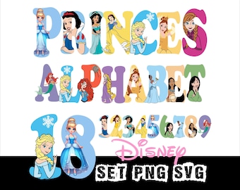 Bundle de 18 polices de caractères alphabet princesse polices Doodle princesse SVG La Reine des neiges, police Belle Anna Cindirella anniversaire Alphabet Svg Png