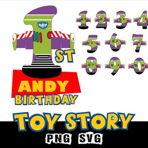 Peut inclure: Un design numérique sur le thème de Buzz l'Éclair pour un premier anniversaire, avec le texte "ANDY BIRTHDAY" sur un fond rouge. Comprend les chiffres 1 à 9 dans un style similaire et le logo "TOY STORY". Formats de fichiers PNG et SVG.