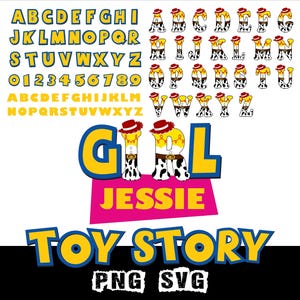 Peut inclure: Graphique num&eacute;rique avec les mots "GIRL JESSIE TOY STORY" dans une police ludique. Les lettres sont jaunes avec des contours bleus. Le mot "GIRL" a un design sur le th&egrave;me de Jessie. Des alphabets et des chiffres suppl&eacute;mentaires sont &eacute;galement inclus.