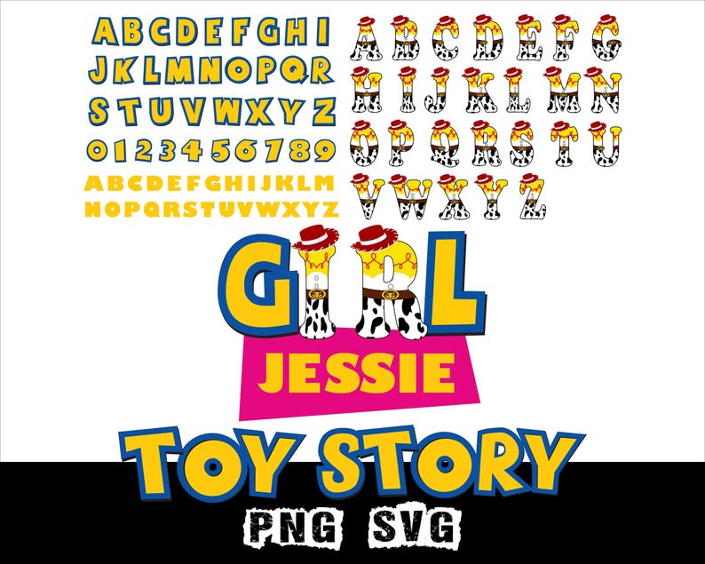 Peut inclure: Graphique num&eacute;rique avec les mots "GIRL JESSIE TOY STORY" dans une police ludique. Les lettres sont jaunes avec des contours bleus. Le mot "GIRL" a un design sur le th&egrave;me de Jessie. Des alphabets et des chiffres suppl&eacute;mentaires sont &eacute;galement inclus.