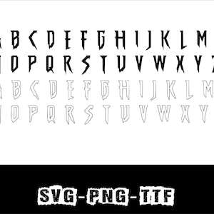 May include: A black and white digital design featuring the alphabet in a gothic font. The letters A through Z are displayed in two rows, with a solid and outlined version. The bottom of the image has the text "SVG-PNG-TTF".