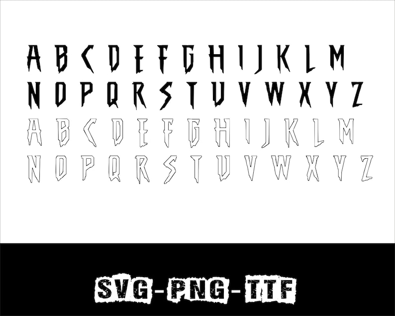 May include: A black and white digital design featuring the alphabet in a gothic font. The letters A through Z are displayed in two rows, with a solid and outlined version. The bottom of the image has the text "SVG-PNG-TTF".