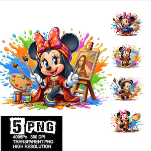 Może przedstawiać: Kreskówkowa ilustracja myszy ubranej w strój malarza w czerwono-złotej szacie, trzymającej pędzel i paletę. Mysz stoi przed sztalugą z obrazem Mona Lisy. Tło to kolorowe rozpryski farby.