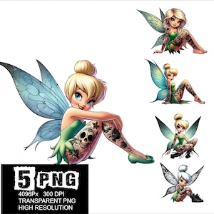 Puede incluir: Cinco ilustraciones digitales de un hada con alas verdes y un vestido verde. El hada tiene el pelo rubio, los ojos azules y tatuajes. El hada está en diferentes poses, incluyendo volar, sentarse y estar de pie.