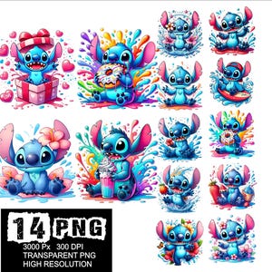 May include: A set of 14 digital clipart images featuring Stitch, the blue alien character from Lilo & Stitch, in various poses and settings. The images are high resolution and transparent PNG files, ideal for crafting projects, scrapbooking, and digital design.