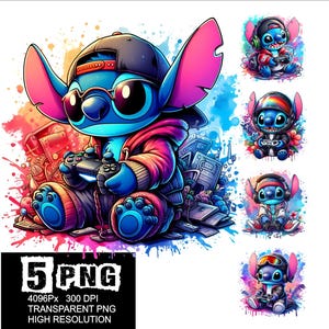 Puede incluir: Un personaje azul de Stitch que lleva una sudadera con capucha roja y negra, gafas de sol y una gorra de béisbol negra, sosteniendo un mando de videojuegos. El personaje está rodeado de salpicaduras de pintura de colores y objetos relacionados con los videojuegos. Hay cinco imágenes PNG de Stitch en diferentes poses, todas con un esquema de color azul y blanco.