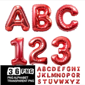 May include: Red metallic alphabet and number balloons, including letters A, B, C and numbers 1, 2, 3. A smaller set of red alphabet balloons is also included. The image also contains the text "3.6 PNG PNG ALPHABET TRANSPARENT PNG".