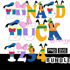 May include: A colorful graphic featuring the words "DONALD DUCK" in a playful font, with each letter styled after Donald Duck and Daisy Duck. Numbers 1, 2, 3, and 4 are also included. The image also includes the text "Disney font" and "BUNDLE".