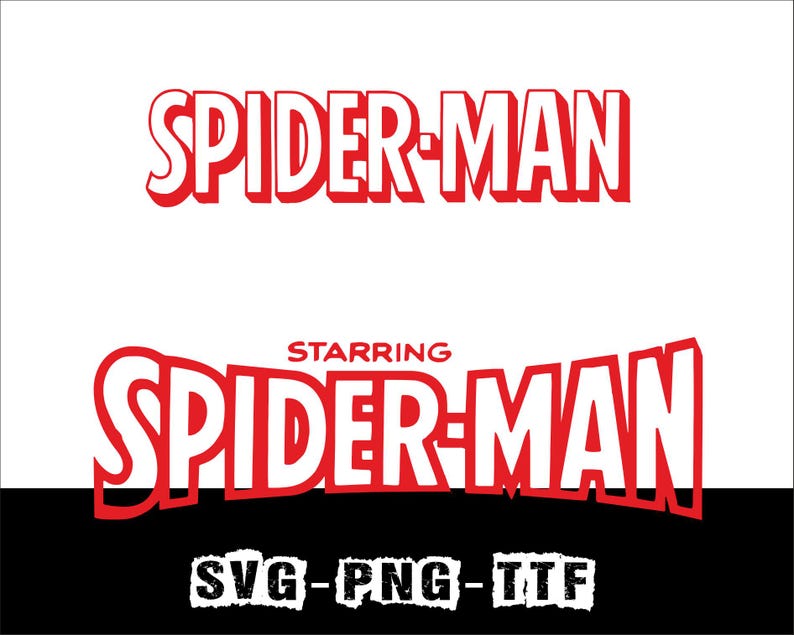 May include: Two Spider-Man logos in red and white. The top logo reads "SPIDER-MAN" in a bold, blocky font. Below, a second logo reads "STARRING SPIDER-MAN" with the same font. The bottom of the image has the text "SVG-PNG-TTF".
