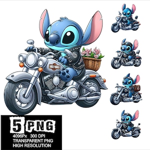 Peut inclure: Un personnage de dessin animé bleu chevauchant une moto argentée avec un arrangement floral bleu et blanc dans un panier à l'arrière. Le personnage porte une veste en cuir noire et un jean. La moto porte le logo Harley Davidson sur le côté.