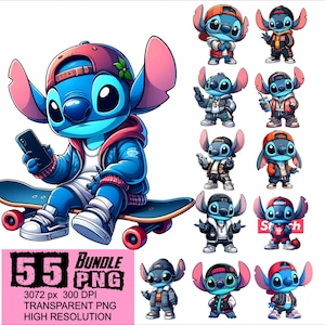 Puede incluir: Un conjunto de 11 imágenes de clipart digitales que presentan un personaje de dibujos animados azul con un sombrero rojo, ojos azules y una gran sonrisa. El personaje está vestido con diferentes atuendos, incluyendo una chaqueta roja, una chaqueta azul y una chaqueta negra. El personaje también sostiene una patineta, un teléfono y una taza de café. Las imágenes están en formato PNG y tienen 3072 píxeles por 300 DPI. El texto "55 Bundle PNG" también está incluido en la imagen.
