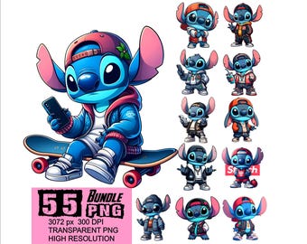Può includere: Un set di 11 immagini clipart digitali che mostrano un personaggio dei cartoni animati blu con un cappello rosso, occhi blu e un grande sorriso. Il personaggio è vestito con abiti diversi, tra cui una giacca rossa, una giacca blu e una giacca nera. Il personaggio tiene anche uno skateboard, un telefono e una tazza di caffè. Le immagini sono in formato PNG e hanno una risoluzione di 3072 pixel per 300 DPI. Il testo "55 Bundle PNG" è incluso anche nell'immagine.