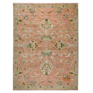 Pink Peach Ivory Classic Oushak Persian Inspired Soft Wool Rug Handmade Floral Design With Ivory Blue Green Accents Contemporary Home Decor