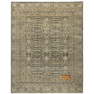 May include: Rectangular rug with a detailed, symmetrical pattern in beige, grey, and teal. The rug has an intricate border and a central design with floral and geometric elements. The tag in the bottom right corner reads "HANKWOVEN".