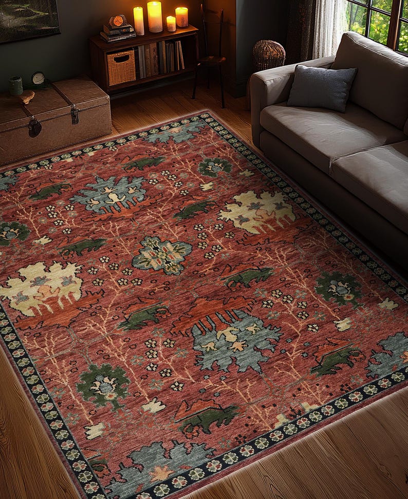 Puede incluir: Una alfombra rectangular roja con un detallado estampado floral. La alfombra presenta un dise&ntilde;o central con motivos florales azules, verdes y crema, rodeado por un borde oscuro. La alfombra est&aacute; colocada sobre un suelo de madera.
