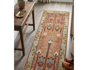 Loper vloerkleed roze bloemen levensboom Oushak handgemaakt wollen vloerkleed traditioneel geïnspireerde designer zachte wollen loper | Roze traploper vloerkleed