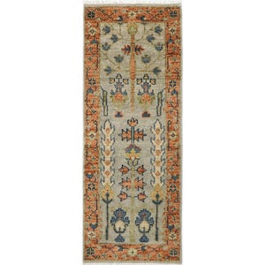 Grauer Rost Läufer Teppich: Handgeknüpfter Traditioneller Baum des Lebens Türkischer Oushak Wollteppich | Küchenläufer | Läufer | Maßgeschneidert