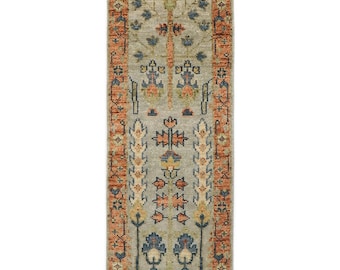 Gray Rust Runner Rug: Hand Knotted Traditional Tree of Life Turkish Oushak Wool Rug | Kitchen Runner | Hallway Runner | Custom Made