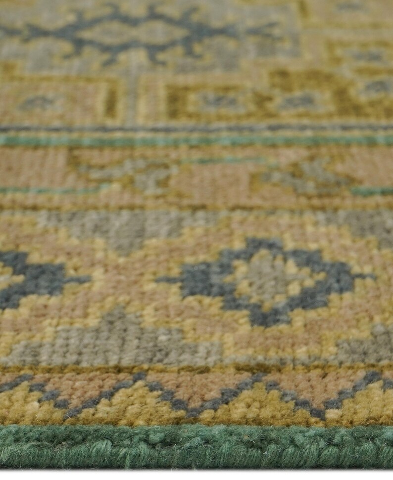 Earthy Looking Rugs Vintage Teal Green Wool Rug: Hand Knotted Large Geometric Medallion ...