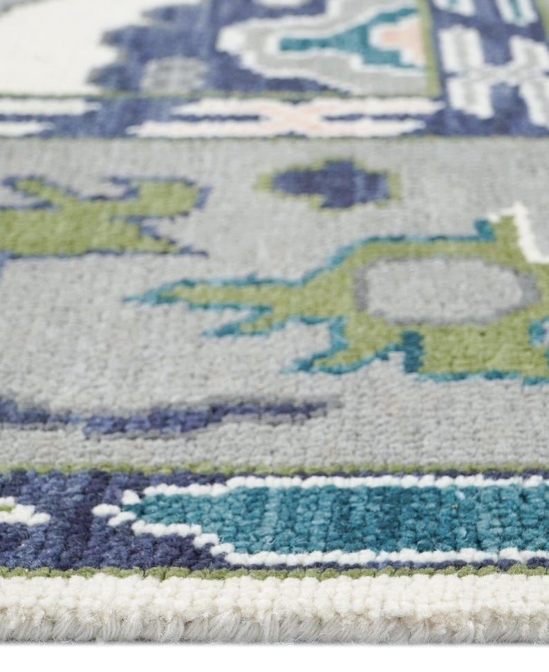 Ivory Blue Green Oushak Rug, Handmade Wool Area Rug, Traditional Turkish Design Modern Rug, 8x10 Rug for Living Room, All Custom Sizes image 9