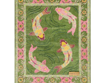 Tapis vert et rose poissons koi fait main moderne vert coloré tapis tapis personnalisé dans toutes les tailles - tapis en laine fantaisiste pour tapis de salon