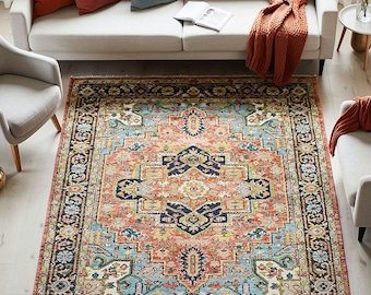Hand Knotted Oriental Wool Rug: Orange & Navy Blue Traditional Medallion Area Rug for Living Room | Antique Inspired Artisan Made Wool Rug