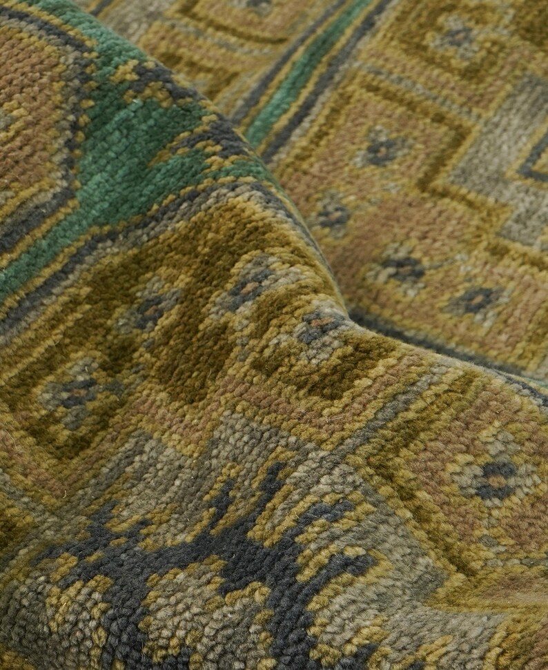 Earthy Looking Rugs Vintage Teal Green Wool Rug: Hand Knotted Large Geometric Medallion ...