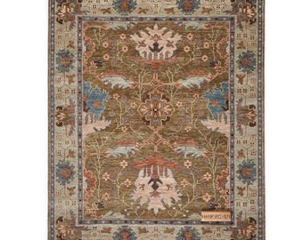 Alfombra Oushak Mocha Peach: Alfombra Oushak Donegal floral hecha a mano con aspecto vintage, marrón, bohemio, turca, de 8 x 10 pulgadas, para sala de estar o cocina.
