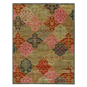 Meerkleurig ruitvormig patchwork handgeknoopt wollen vloerkleed, opvallend maximalistisch geometrisch vloerkleed, vloerkleed voor de woonkamer, kleurrijk tribaal wollen vloerkleed