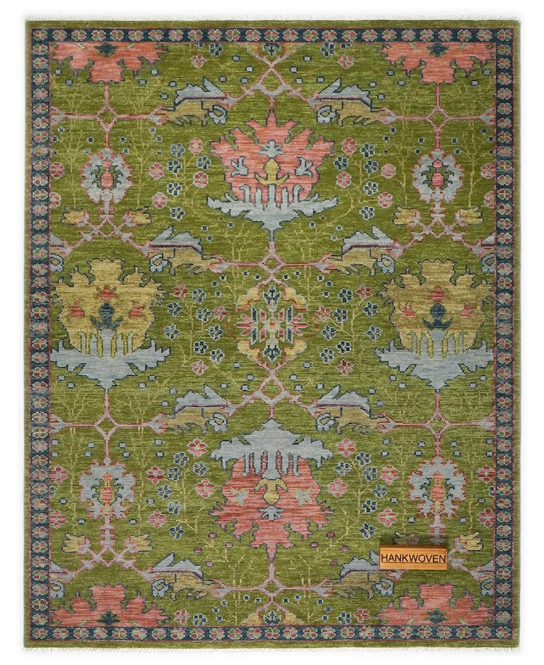 Alfombra Oushak vintage en color rojo óxido: alfombra turca de aspecto antiguo anudada a mano, estilo bohemio, para sala de estar, de Donegal, de 8 x 10 pulgadas, disponible en todos los tamaños. Moss Green