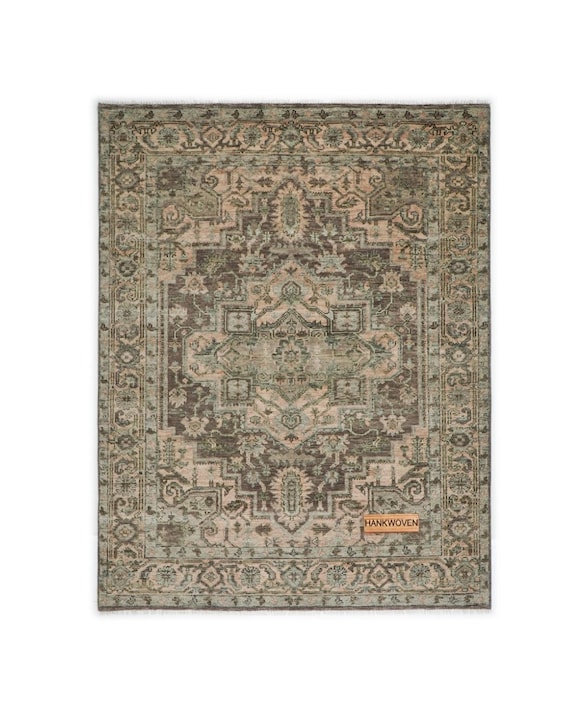 Neutral Vintage Heriz Brown Rug: Hand Knotted Traditional Oriental Wool Area Rug Turkish Oushak Medallion 8x10 Rug